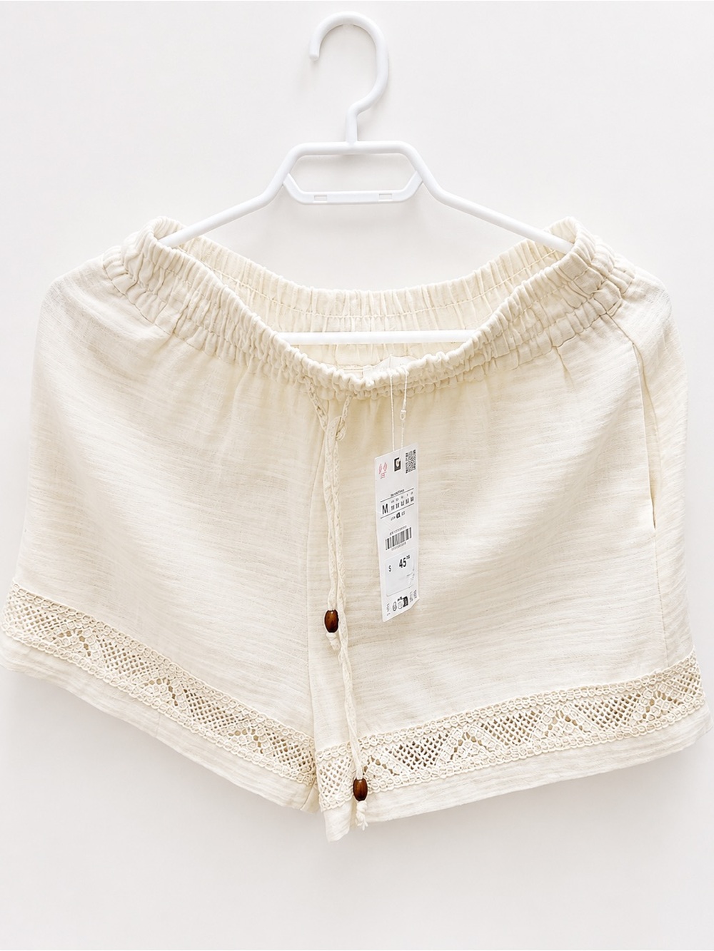 Zara Cream Crochet-Trim Drawstring Bermuda Shorts